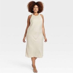 New Day High Neck Slip Dress Women’s - Satin Keyhole Crew Neck Midi Beige - XXL